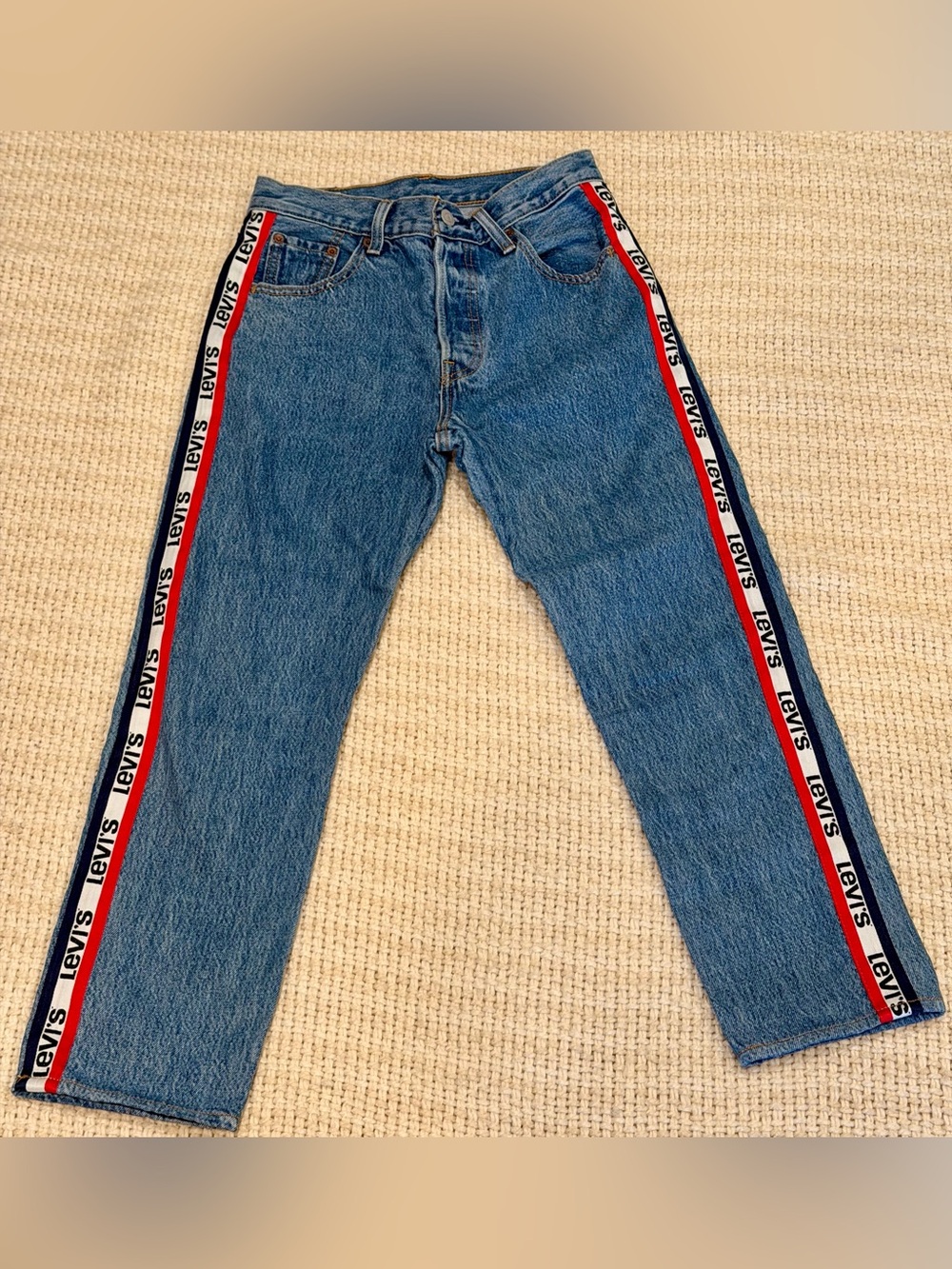 Levi's Premium 501 Original Cropped Logo Tape Side Stripe Jeans W25 L26